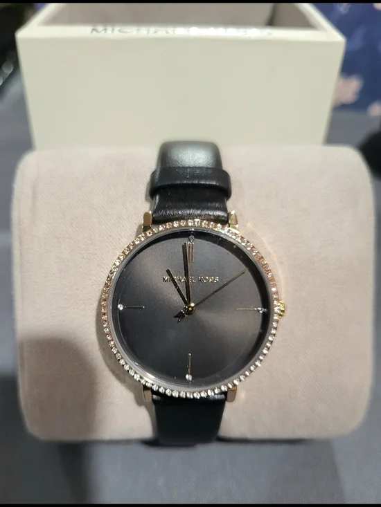 Womens Michael Kors Black Dial Leather Strap Watch with Gold Accents - Picture 2 of 9